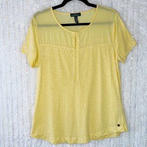 Lauren Ralph Lauren LRL Tshirt Top Womens LARGE Yellow Charm Hook Eye Split Neck
